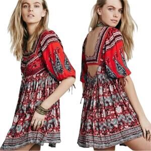 Free People Midsummer Dream Boho Peasant Babydoll Puff Sleeve Mini Dress XS